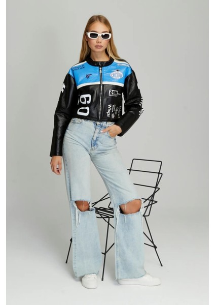 Kadın Puf Deri Oversize Baskılı Motorcu Montu Şeritli Fermuarlı Yarışçı Ceketi Bomber Kolej Mont fırsatları