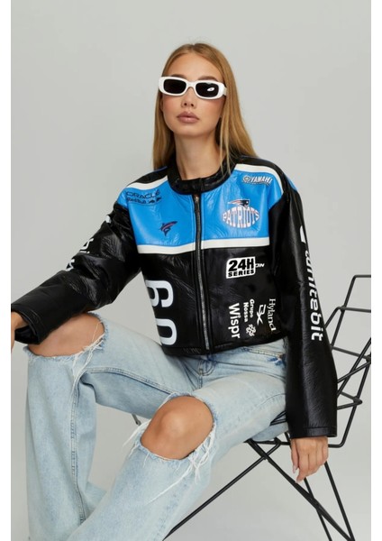 Kadın Puf Deri Oversize Baskılı Motorcu Montu Şeritli Fermuarlı Yarışçı Ceketi Bomber Kolej Mont