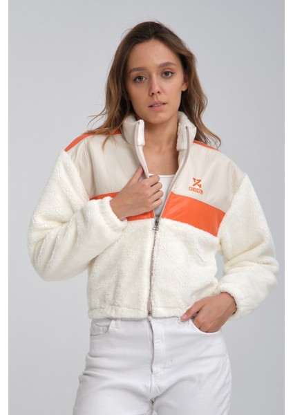 Kadın Oversize Peluş Mevsimlik Hırka Baskılı Ceket Puf Deri Garnili Motorcu Yarışçı Mont Yünlü Ceket