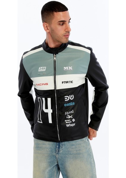 Erkek Oversize Şeritli Baskılı Deri Ceket Hakim Yaka Bomber Motorcu Montu Yarışçı Ceketi