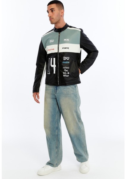 Erkek Oversize Şeritli Baskılı Deri Ceket Hakim Yaka Bomber Motorcu Montu Yarışçı Ceketi fiyatları