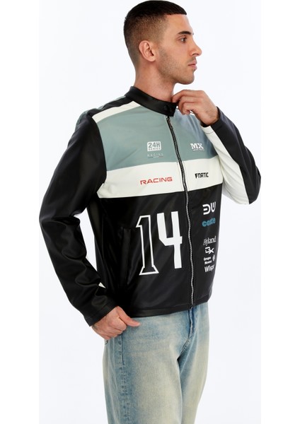 Erkek Oversize Şeritli Baskılı Deri Ceket Hakim Yaka Bomber Motorcu Montu Yarışçı Ceketi modelleri