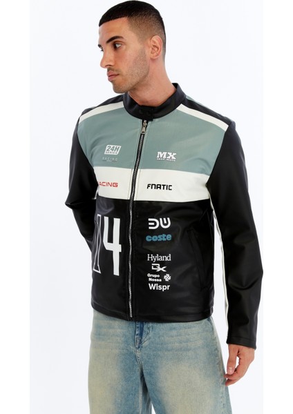 Erkek Oversize Şeritli Baskılı Deri Ceket Hakim Yaka Bomber Motorcu Montu Yarışçı Ceketi fırsatları