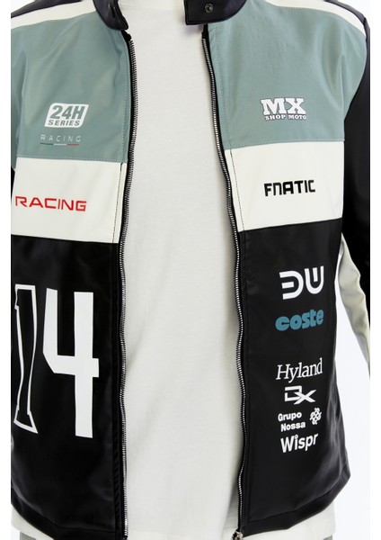 Erkek Oversize Şeritli Baskılı Deri Ceket Hakim Yaka Bomber Motorcu Montu Yarışçı Ceketi