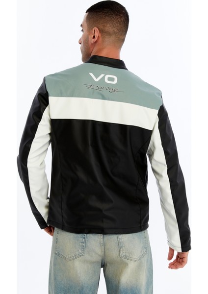 Erkek Oversize Şeritli Baskılı Deri Ceket Hakim Yaka Bomber Motorcu Montu Yarışçı Ceketi