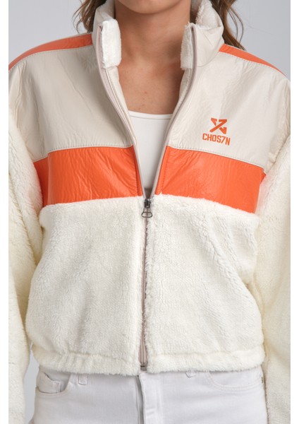 Kadın Oversize Peluş Mevsimlik Hırka Baskılı Ceket Puf Deri Garnili Motorcu Yarışçı Mont Yünlü Ceket