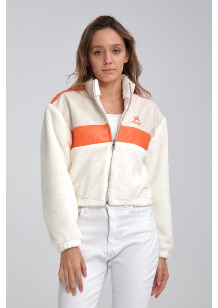 Kadın Oversize Peluş Mevsimlik Hırka Baskılı Ceket Puf Deri Garnili Motorcu Yarışçı Mont Yünlü Ceket