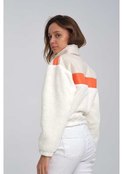 Kadın Oversize Peluş Mevsimlik Hırka Baskılı Ceket Puf Deri Garnili Motorcu Yarışçı Mont Yünlü Ceket