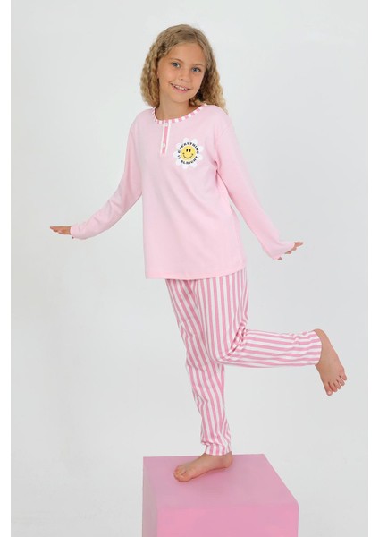 Kız Çocuk Uzun Kollu %100 Pamuklu Düğme Detaylı Pijama Takımı Alright