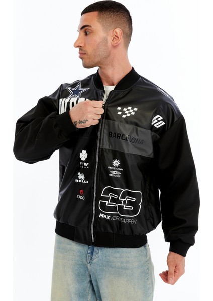 Erkek Oversize Baskılı Motorcu Montu Rüzgara ve Suya Dayanıklı Kolej Ceket