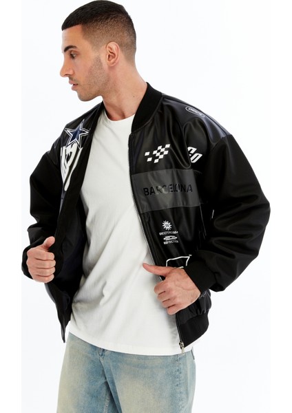 Erkek Oversize Baskılı Motorcu Montu Rüzgara ve Suya Dayanıklı Kolej Ceket