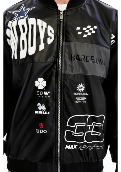 Erkek Oversize Baskılı Motorcu Montu Rüzgara ve Suya Dayanıklı Kolej Ceket