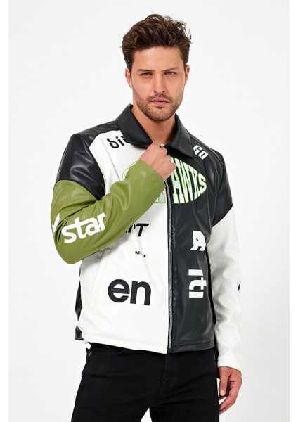 Erkek Oversize Baskılı Motorcu Montu Fermuarlı Yarışçı Ceketi Astarlı Garnili Kolej Bomber Mont