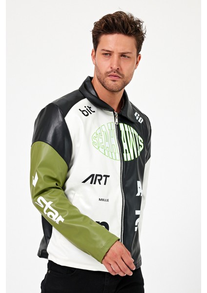 Erkek Oversize Baskılı Motorcu Montu Fermuarlı Yarışçı Ceketi Astarlı Garnili Kolej Bomber Mont