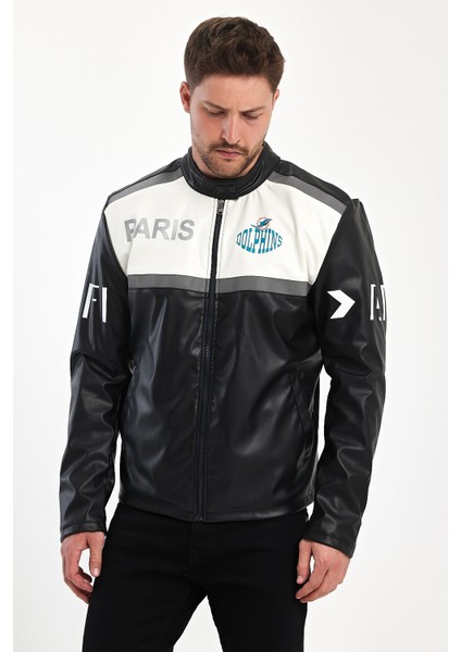 Erkek Oversize Transfer Baskılı Motorcu Biker Ceket Yarışçı Kolej Mont Şeritli Fermuarlı Mont