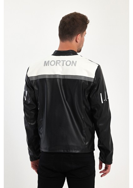 Erkek Oversize Transfer Baskılı Motorcu Biker Ceket Yarışçı Kolej Mont Şeritli Fermuarlı Mont