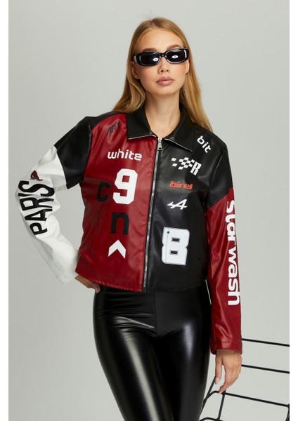 Kadın Oversize Çift Renkli Baskılı Yarışçı Montu Fermuarlı Kolej Ceket Bomber Motorcu Montu