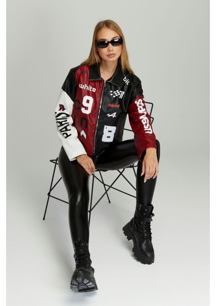 Kadın Oversize Çift Renkli Baskılı Yarışçı Montu Fermuarlı Kolej Ceket Bomber Motorcu Montu fiyatları