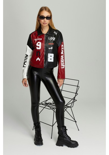 Kadın Oversize Çift Renkli Baskılı Yarışçı Montu Fermuarlı Kolej Ceket Bomber Motorcu Montu fırsatları