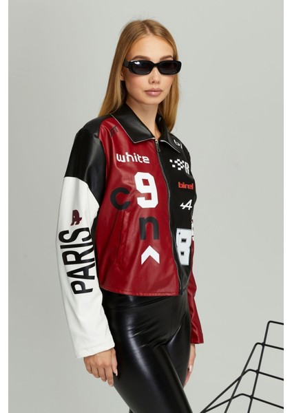 Kadın Oversize Çift Renkli Baskılı Yarışçı Montu Fermuarlı Kolej Ceket Bomber Motorcu Montu indirimleri