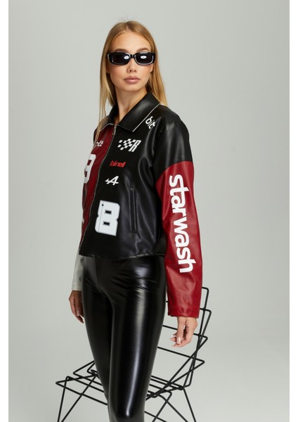 Kadın Oversize Çift Renkli Baskılı Yarışçı Montu Fermuarlı Kolej Ceket Bomber Motorcu Montu