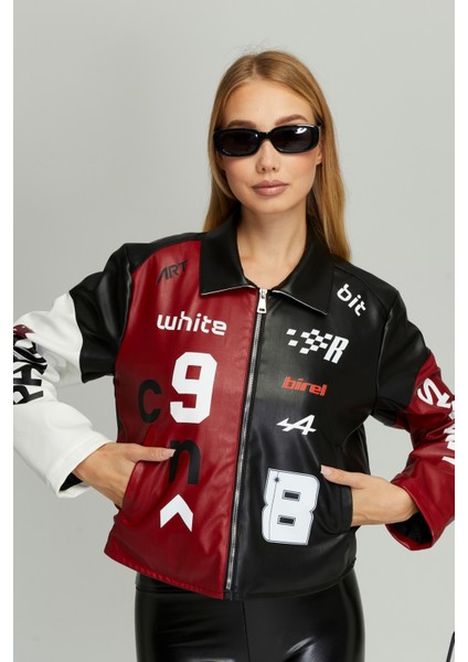 Kadın Oversize Çift Renkli Baskılı Yarışçı Montu Fermuarlı Kolej Ceket Bomber Motorcu Montu