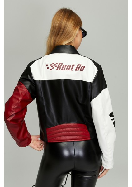 Kadın Oversize Çift Renkli Baskılı Yarışçı Montu Fermuarlı Kolej Ceket Bomber Motorcu Montu
