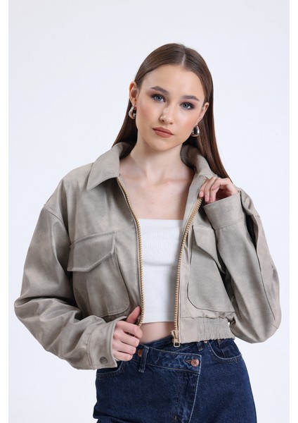 Kadın Deri Oversize Astarlı Kol Çıt Çıt Düğmeli Deri Mont Fermuar Kapamalı Kolej Mont Bej