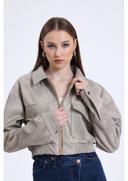 Kadın Deri Oversize Astarlı Kol Çıt Çıt Düğmeli Deri Mont Fermuar Kapamalı Kolej Mont Bej fiyatları