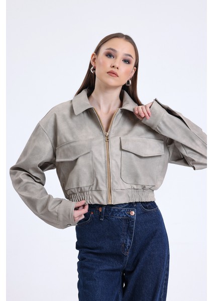 Kadın Deri Oversize Astarlı Kol Çıt Çıt Düğmeli Deri Mont Fermuar Kapamalı Kolej Mont Bej fırsatları