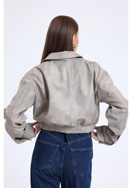 Kadın Deri Oversize Astarlı Kol Çıt Çıt Düğmeli Deri Mont Fermuar Kapamalı Kolej Mont Bej indirimleri