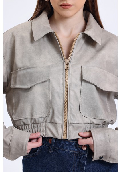 Kadın Deri Oversize Astarlı Kol Çıt Çıt Düğmeli Deri Mont Fermuar Kapamalı Kolej Mont Bej