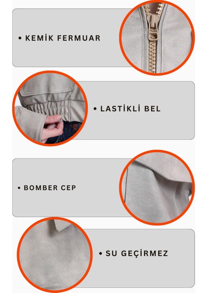 Kadın Deri Oversize Astarlı Kol Çıt Çıt Düğmeli Deri Mont Fermuar Kapamalı Kolej Mont Bej