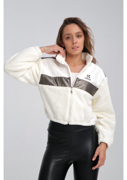 Kadın Oversize Peluş Mevsimlik Hırka Baskılı Ceket Puf Deri Garnili Motorcu Yarışçı Mont Yünlü Ceket