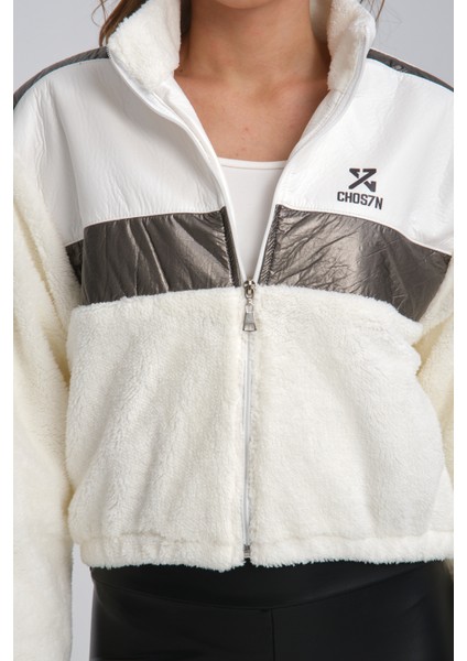 Kadın Oversize Peluş Mevsimlik Hırka Baskılı Ceket Puf Deri Garnili Motorcu Yarışçı Mont Yünlü Ceket