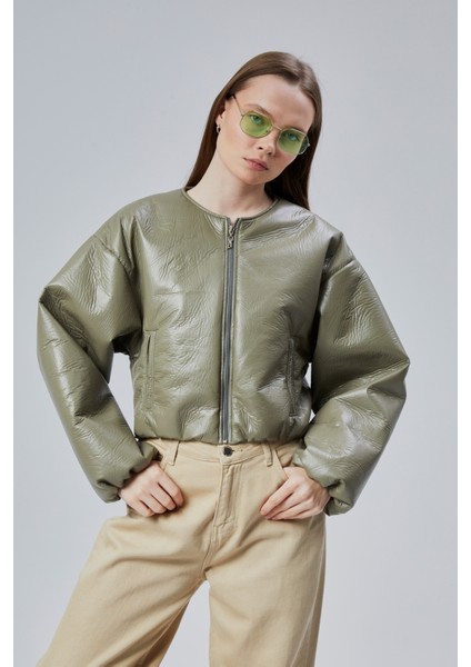 Kadın Puf Elastik Kenarlı Yumuşak Bomber Ceket Bisiklet Yaka Uzun Kollu Önü Fermuarlı Mont fiyatları