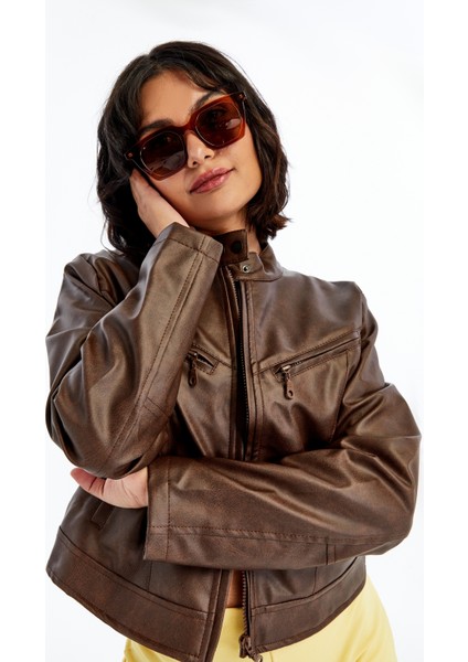 Kadın Deri Ceket Niş Kompakt Tasarım Mont Günlük Kullanım Fermuar Hakim Yaka Şık Ceket fiyatları