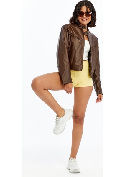 Kadın Deri Ceket Niş Kompakt Tasarım Mont Günlük Kullanım Fermuar Hakim Yaka Şık Ceket fırsatları