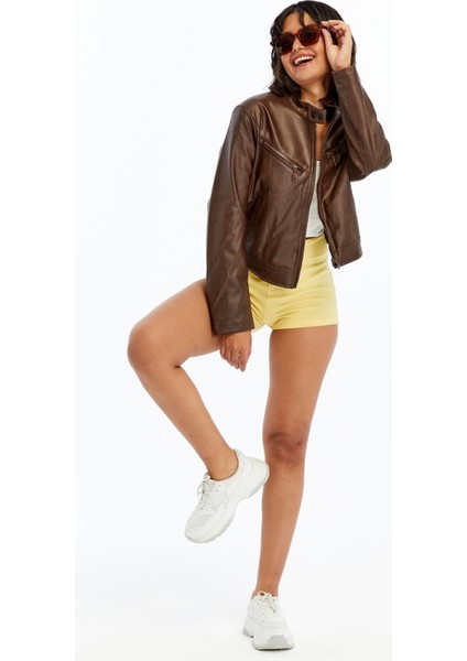 Kadın Deri Ceket Niş Kompakt Tasarım Mont Günlük Kullanım Fermuar Hakim Yaka Şık Ceket indirimleri