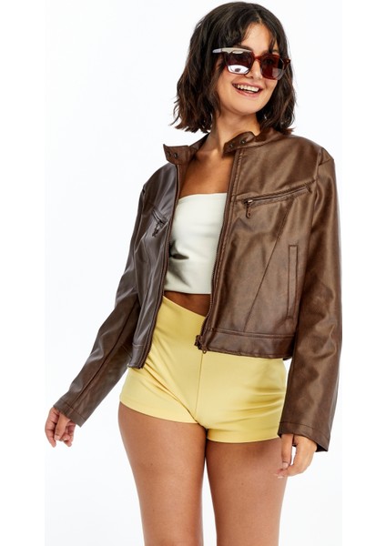 Kadın Deri Ceket Niş Kompakt Tasarım Mont Günlük Kullanım Fermuar Hakim Yaka Şık Ceket