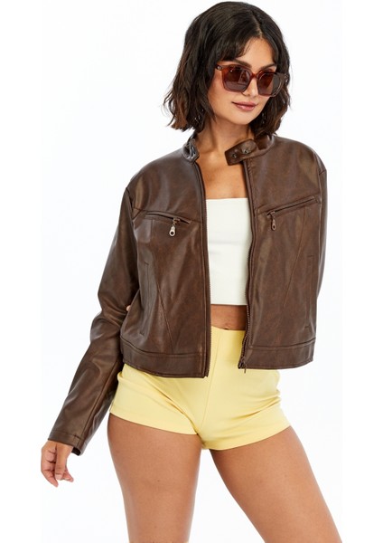 Kadın Deri Ceket Niş Kompakt Tasarım Mont Günlük Kullanım Fermuar Hakim Yaka Şık Ceket