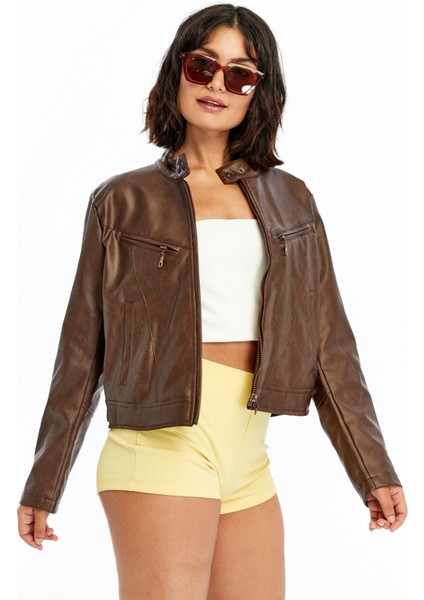 Kadın Deri Ceket Niş Kompakt Tasarım Mont Günlük Kullanım Fermuar Hakim Yaka Şık Ceket