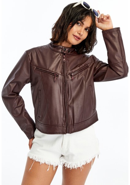 Kadın Deri Ceket Niş Kompakt Tasarım Mont Günlük Kullanım Fermuar Hakim Yaka Şık Ceket