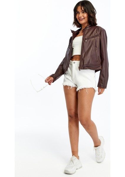 Kadın Deri Ceket Niş Kompakt Tasarım Mont Günlük Kullanım Fermuar Hakim Yaka Şık Ceket modelleri