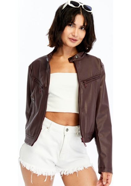 Kadın Deri Ceket Niş Kompakt Tasarım Mont Günlük Kullanım Fermuar Hakim Yaka Şık Ceket