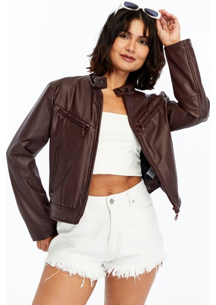 Kadın Deri Ceket Niş Kompakt Tasarım Mont Günlük Kullanım Fermuar Hakim Yaka Şık Ceket