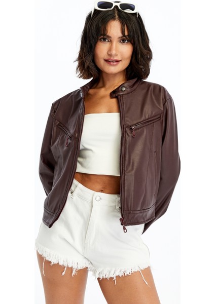 Kadın Deri Ceket Niş Kompakt Tasarım Mont Günlük Kullanım Fermuar Hakim Yaka Şık Ceket