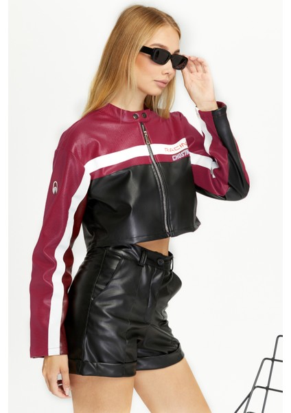 Kadın Kısa Oversize Motorcu Ceketi – Baskılı Bomber Mont – Fermuarlı Kolej Tasarım fiyatları
