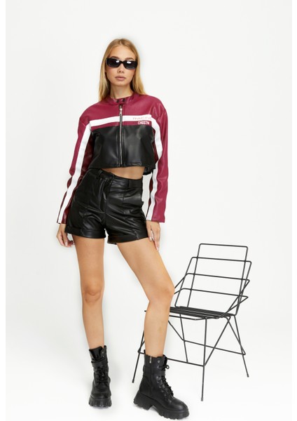 Kadın Kısa Oversize Motorcu Ceketi – Baskılı Bomber Mont – Fermuarlı Kolej Tasarım indirimleri