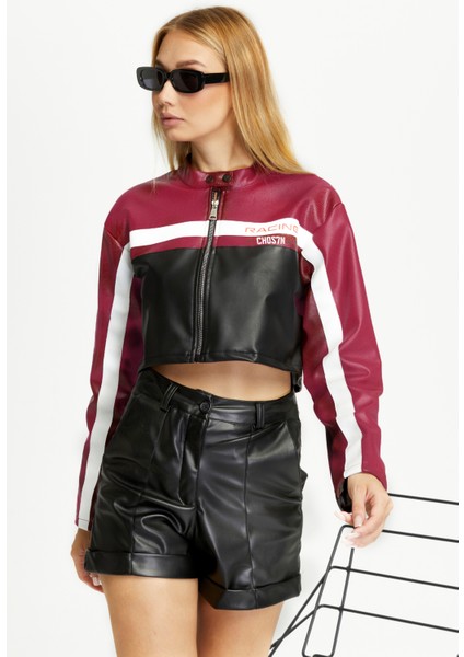 Kadın Kısa Oversize Motorcu Ceketi – Baskılı Bomber Mont – Fermuarlı Kolej Tasarım
